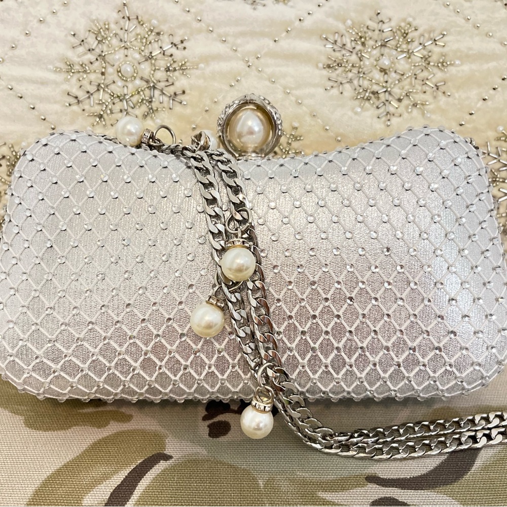 A stunning formal bag silver beaded and with pearls all around